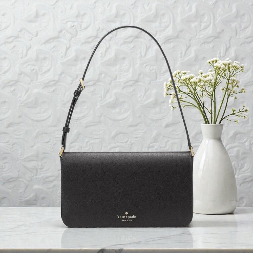 Kate Spade Staci Flap Shoulder Bag Purse in Black Leather KF371